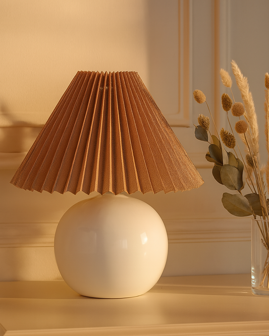 Bedside White Ceramic Table Lamp, Classic Desk lamp for Living Room Bedroom, Farmhouse Nightstand Lamps Round with Jute Pleated Shade