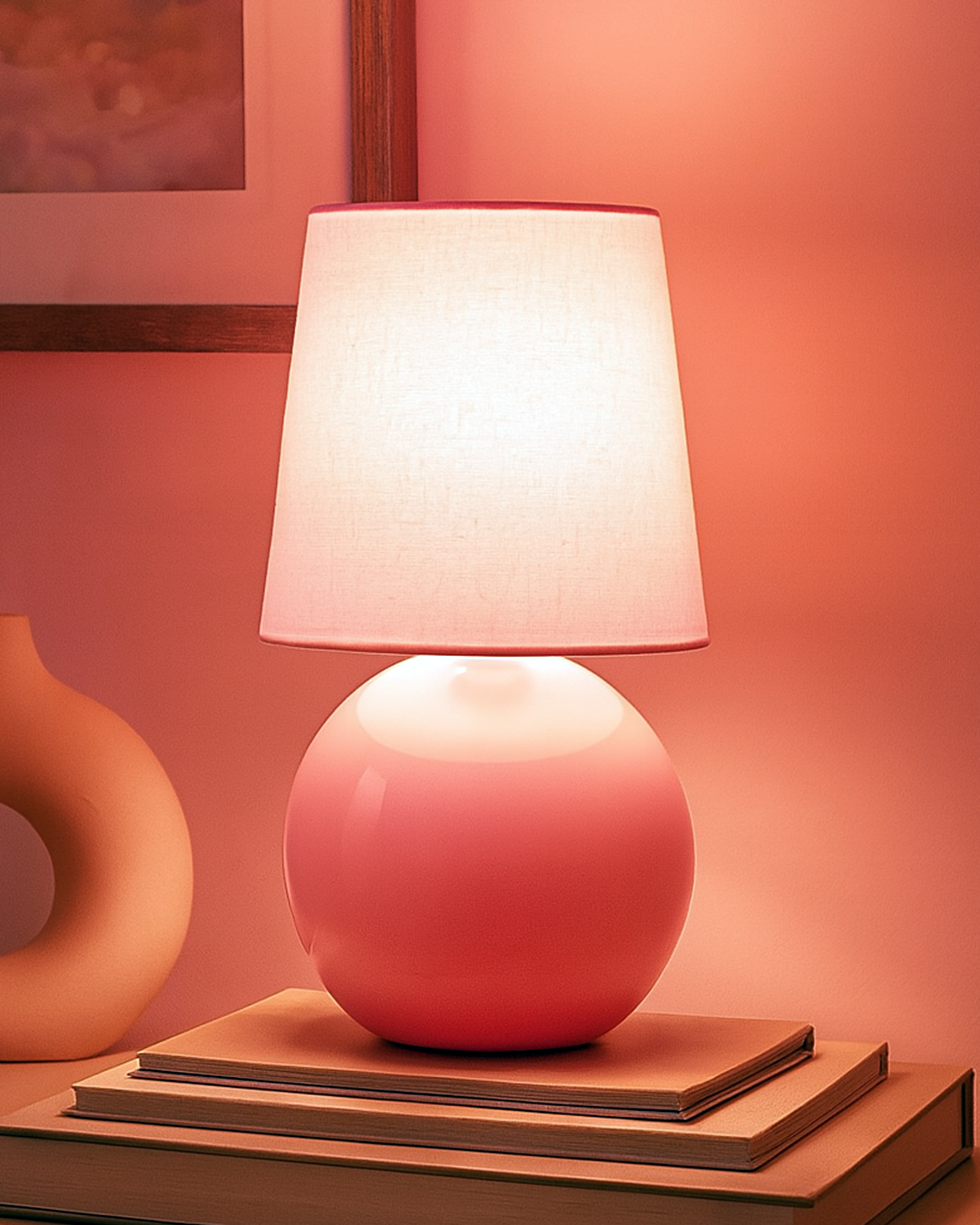 Bedside Ceramic Table Lamp, Classic Desk lamp for Living Room Bedroom, Farmhouse Nightstand Lamps Round with Fabric Shade