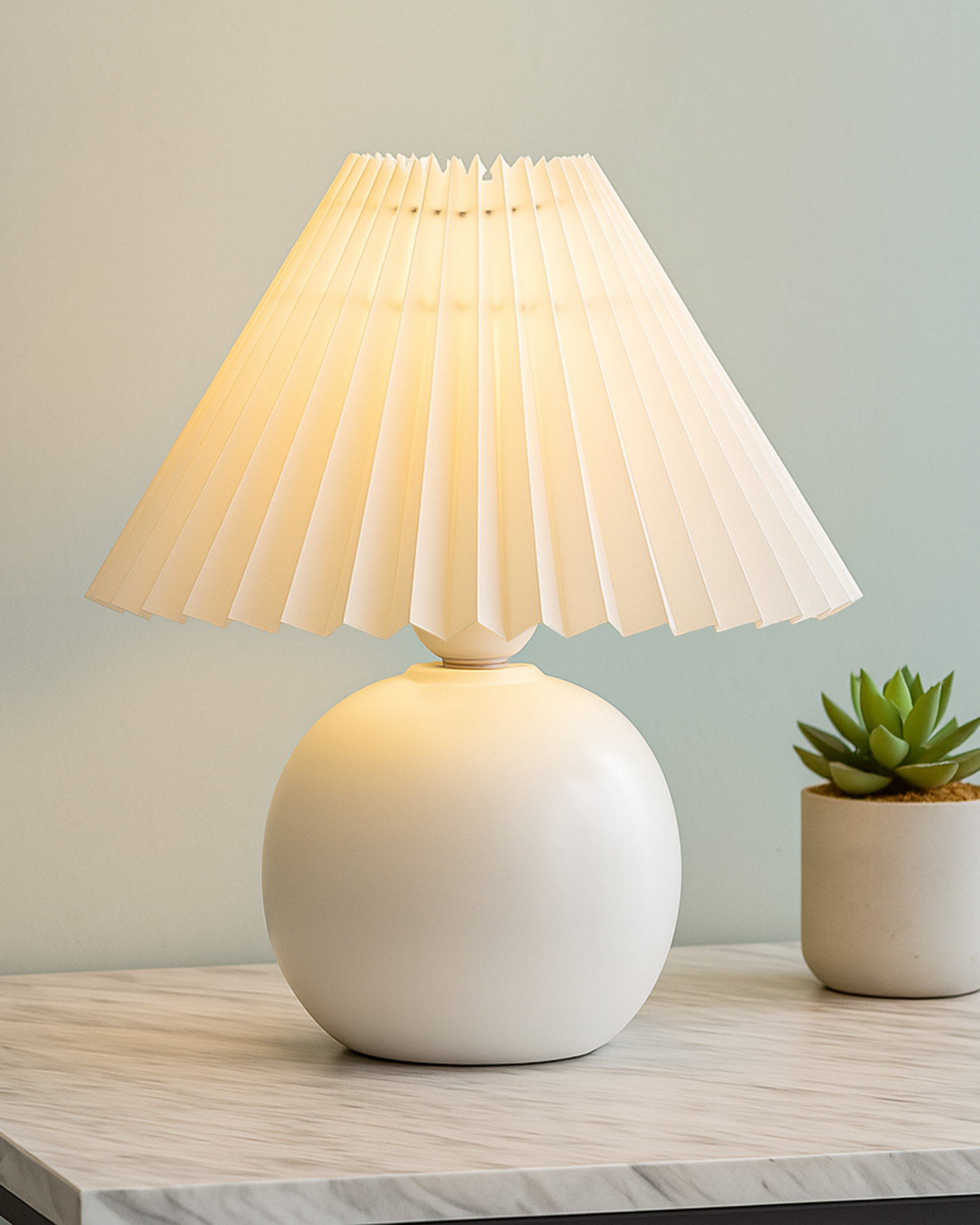 Bedside White Ceramic Table Lamp, Classic Desk lamp for Living Room Bedroom, Farmhouse Nightstand Lamps Round with Jute Pleated Shade