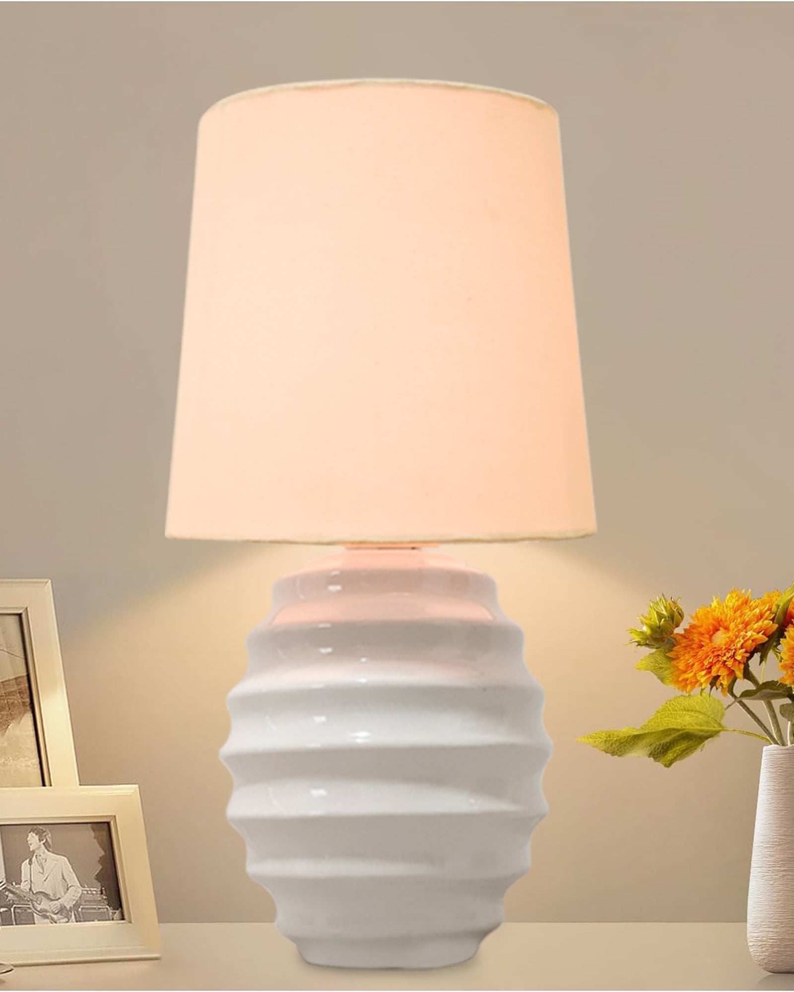 Homesake® Bedside Ceramic Table Lamp, Classic Desk lamp for Living Room Bedroom, Farmhouse Nightstand Lamps Ribbed with White Fabric Shade