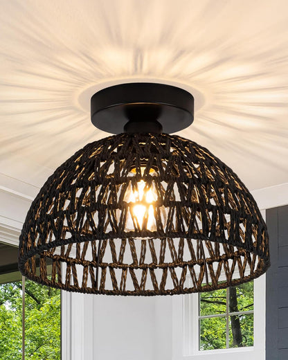 Rattan Light Fixtures Ceiling Light, Handmade Woven Cage Boho Light Fixture 11" Semi Flush Mount Light Fixture Coastal Ceiling Light for Hallway Kitchen Entryway Farmhouse Living Room