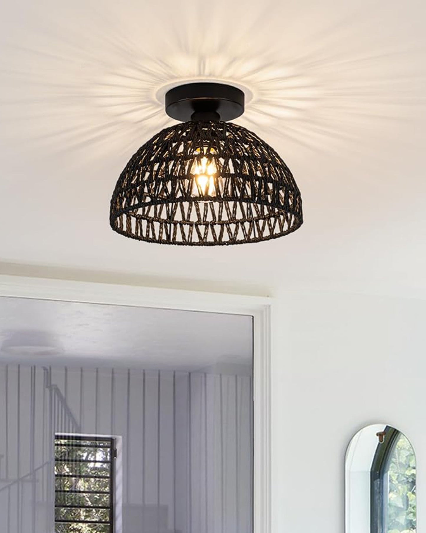 Rattan Light Fixtures Ceiling Light, Handmade Woven Cage Boho Light Fixture 11" Semi Flush Mount Light Fixture Coastal Ceiling Light for Hallway Kitchen Entryway Farmhouse Living Room