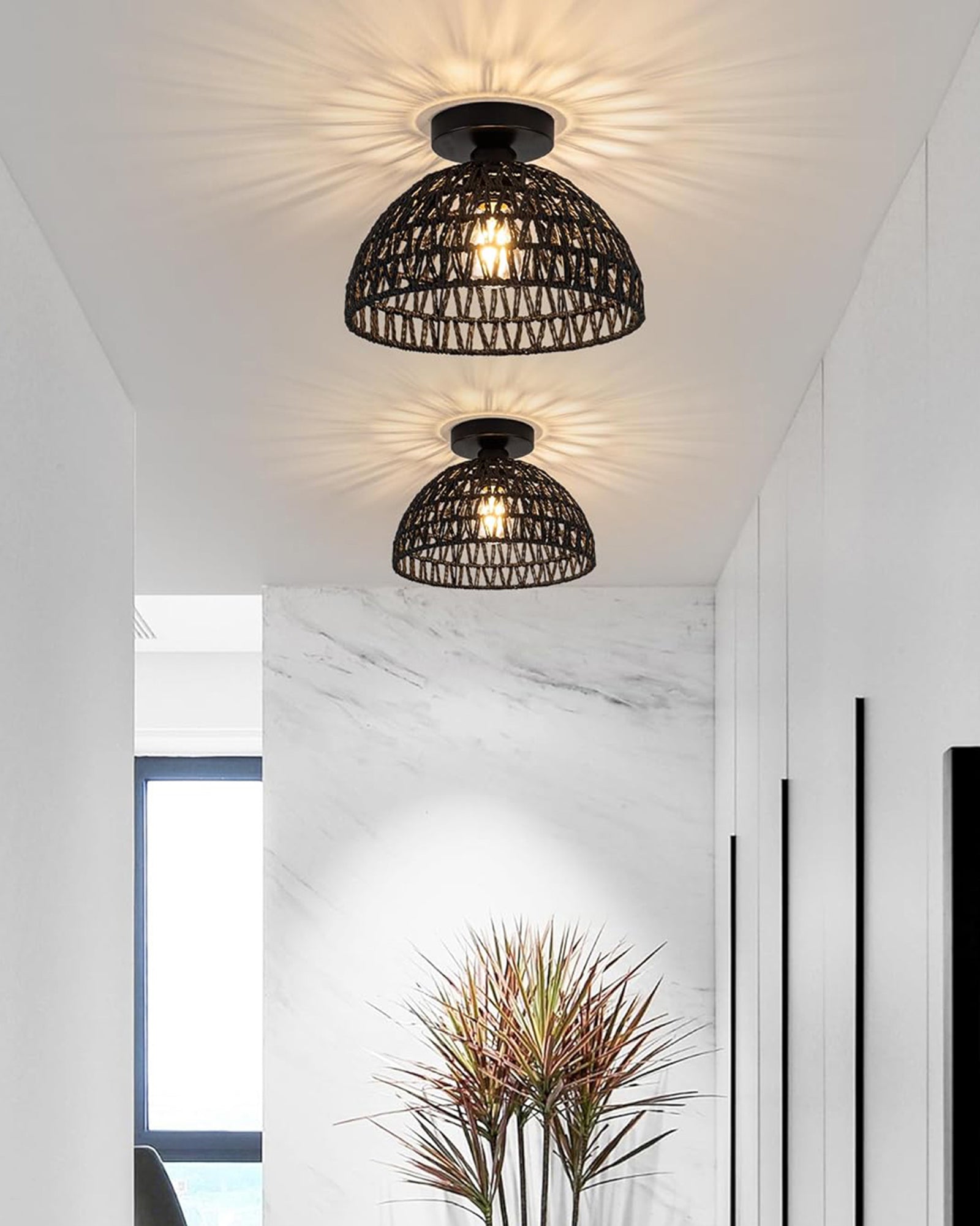 Rattan Light Fixtures Ceiling Light, Handmade Woven Cage Boho Light Fixture 11" Semi Flush Mount Light Fixture Coastal Ceiling Light for Hallway Kitchen Entryway Farmhouse Living Room