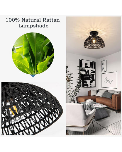 Rattan Light Fixtures Ceiling Light, Handmade Woven Cage Boho Light Fixture 11" Semi Flush Mount Light Fixture Coastal Ceiling Light for Hallway Kitchen Entryway Farmhouse Living Room