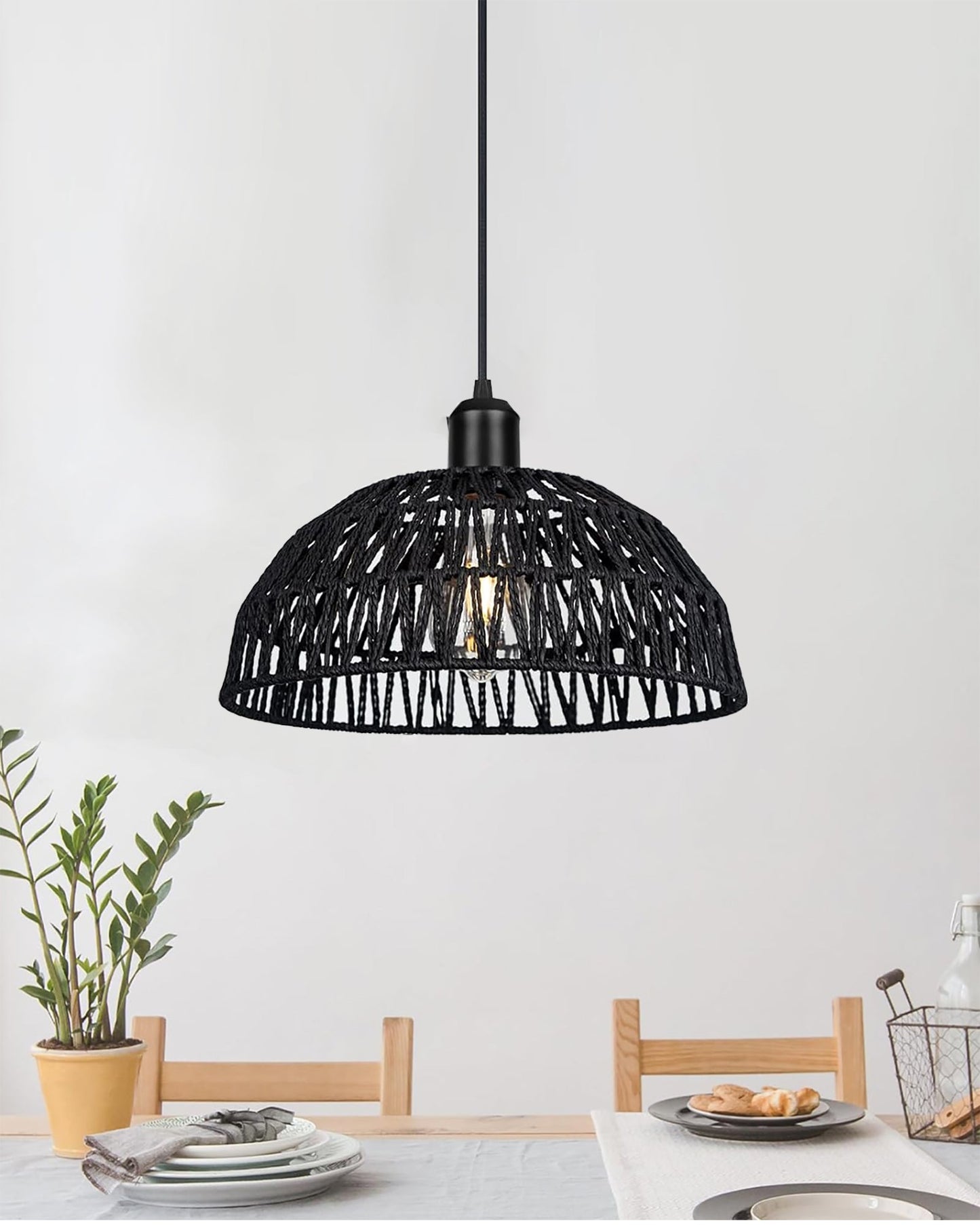Woven Boho Macrame Pendant Light, Boho Hanging Lamp Kitchen Island, Farmhouse Coastal Wicker Adjustable Chandeliers Basket Light Fixture for Dining Room Kitchen Island.