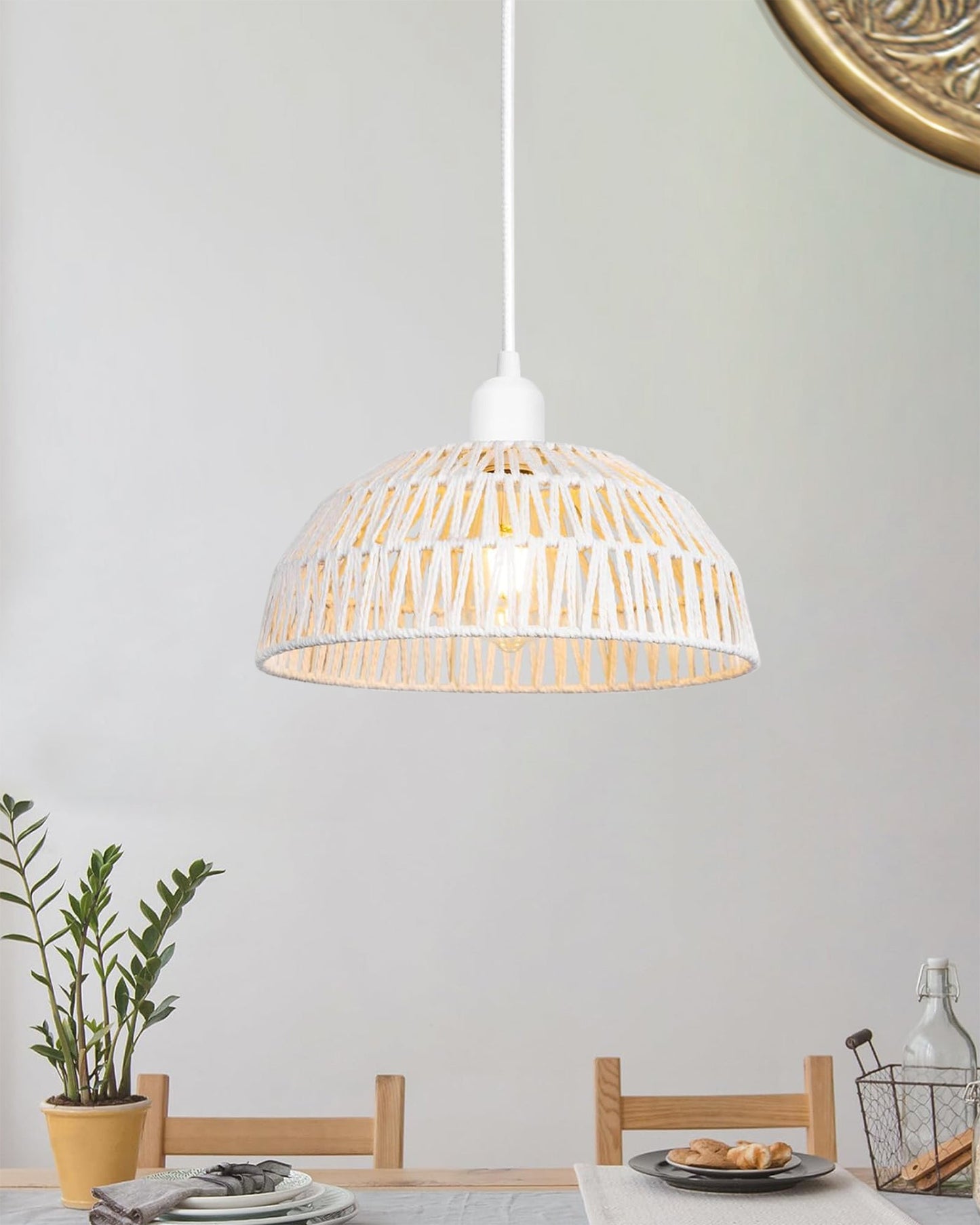Woven Boho Macrame Pendant Light, Boho Hanging Lamp Kitchen Island, Farmhouse Coastal Wicker Adjustable Chandeliers Basket Light Fixture for Dining Room Kitchen Island.