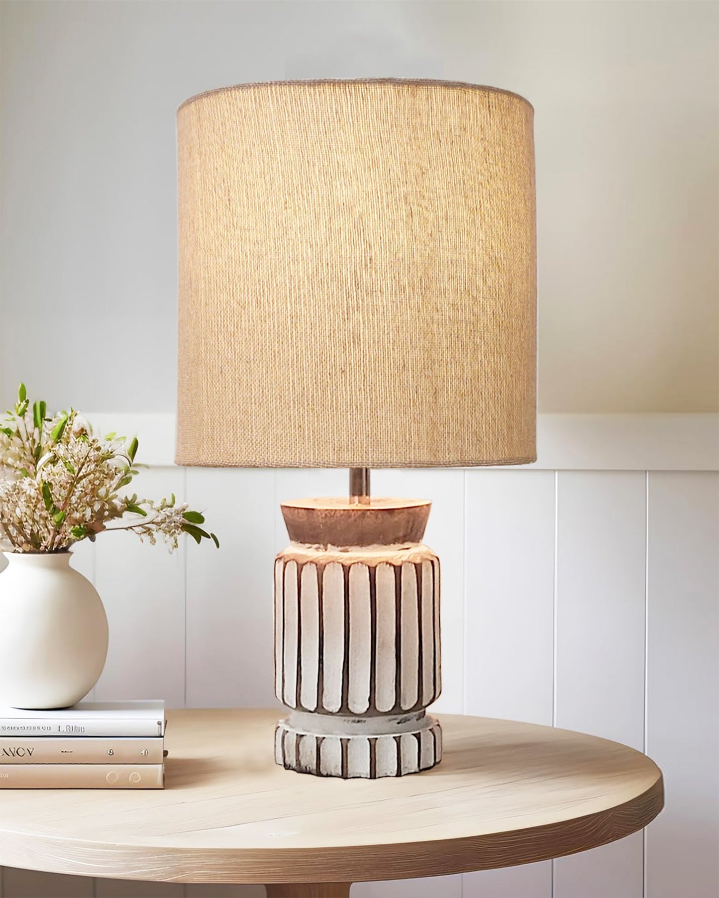 Homesake® Retro Farmhouse Table Lamp Wooden Base for Living Room Bedroom Rustic Linen Bedside Nightstand Lamps for Kids Room Study Office Home Decor Metal Shade