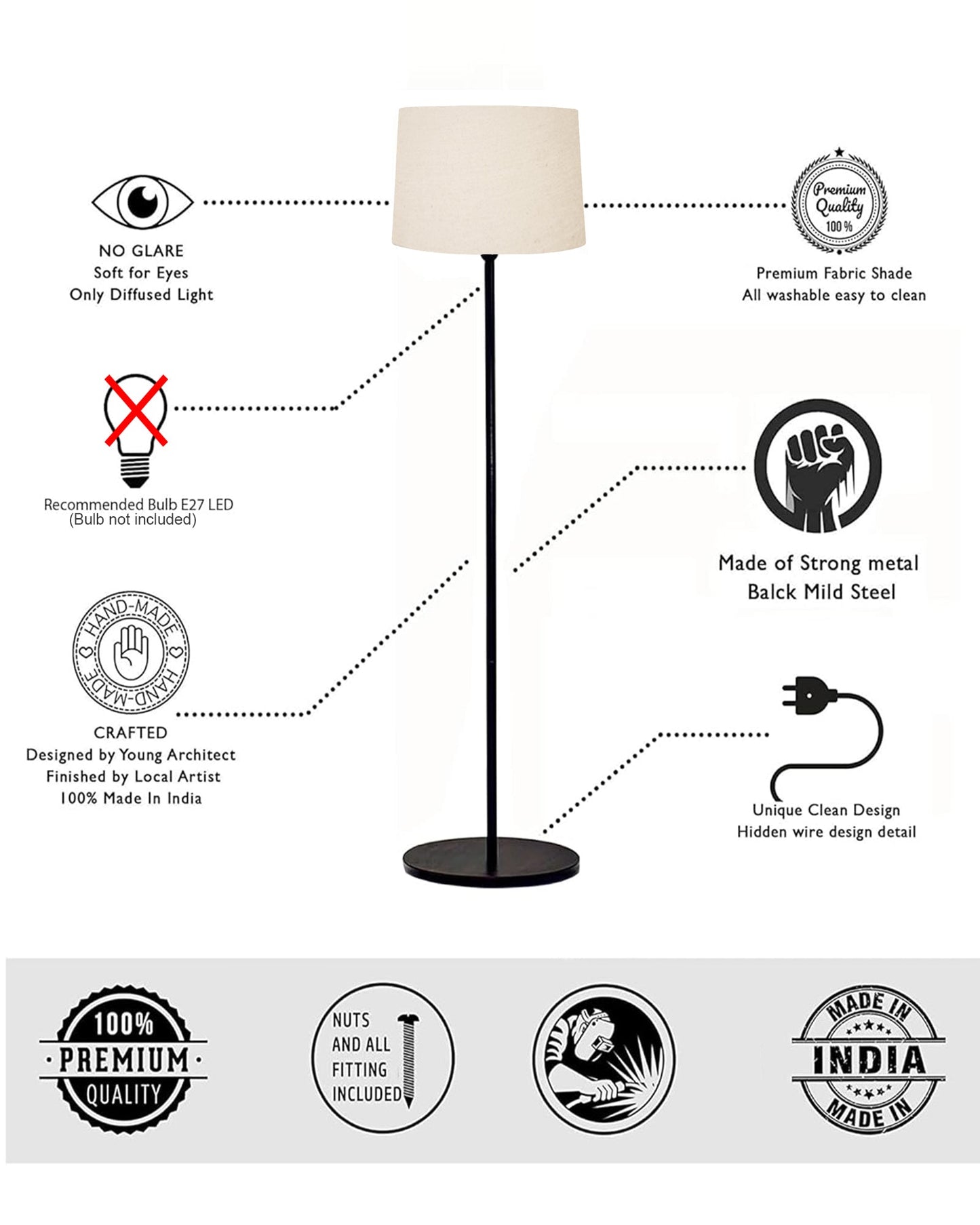 Homesake® Modern Floor Lamp for Living Room Traditional Farmhouse Boho Floor Lamp Mid-Century Pole Lamp, Linen Lamp Shade Side Standing Lamps | Corner Lamp Light | Hall Bedroom Office, Pleated White