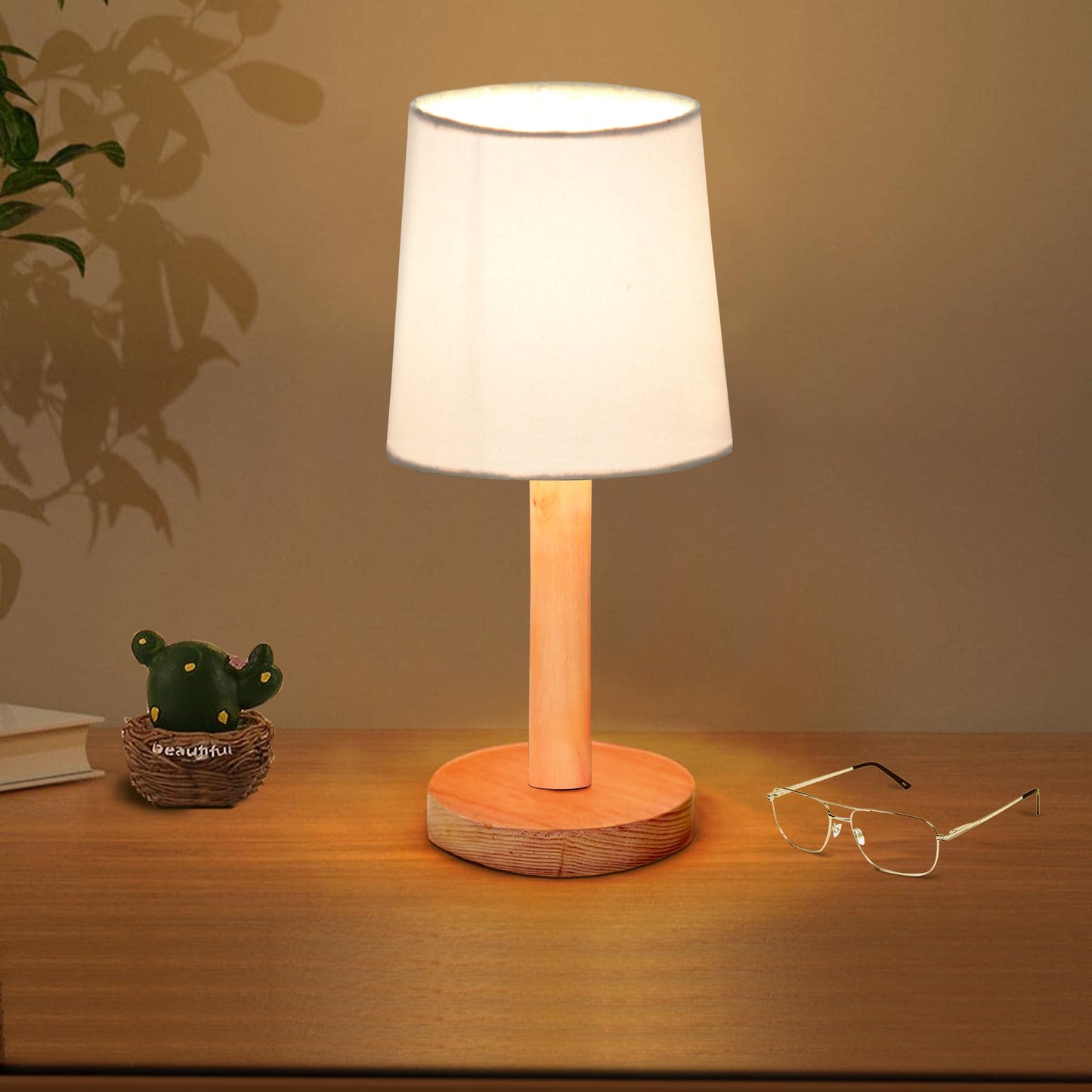 Pinewood Table Lamps for Nightstand, Fabric Linen Lampshade Desk Lamp, Morden Minimalist Bedside Lamps, Bedroom Nightstand Lamp Living Room,Kids Room