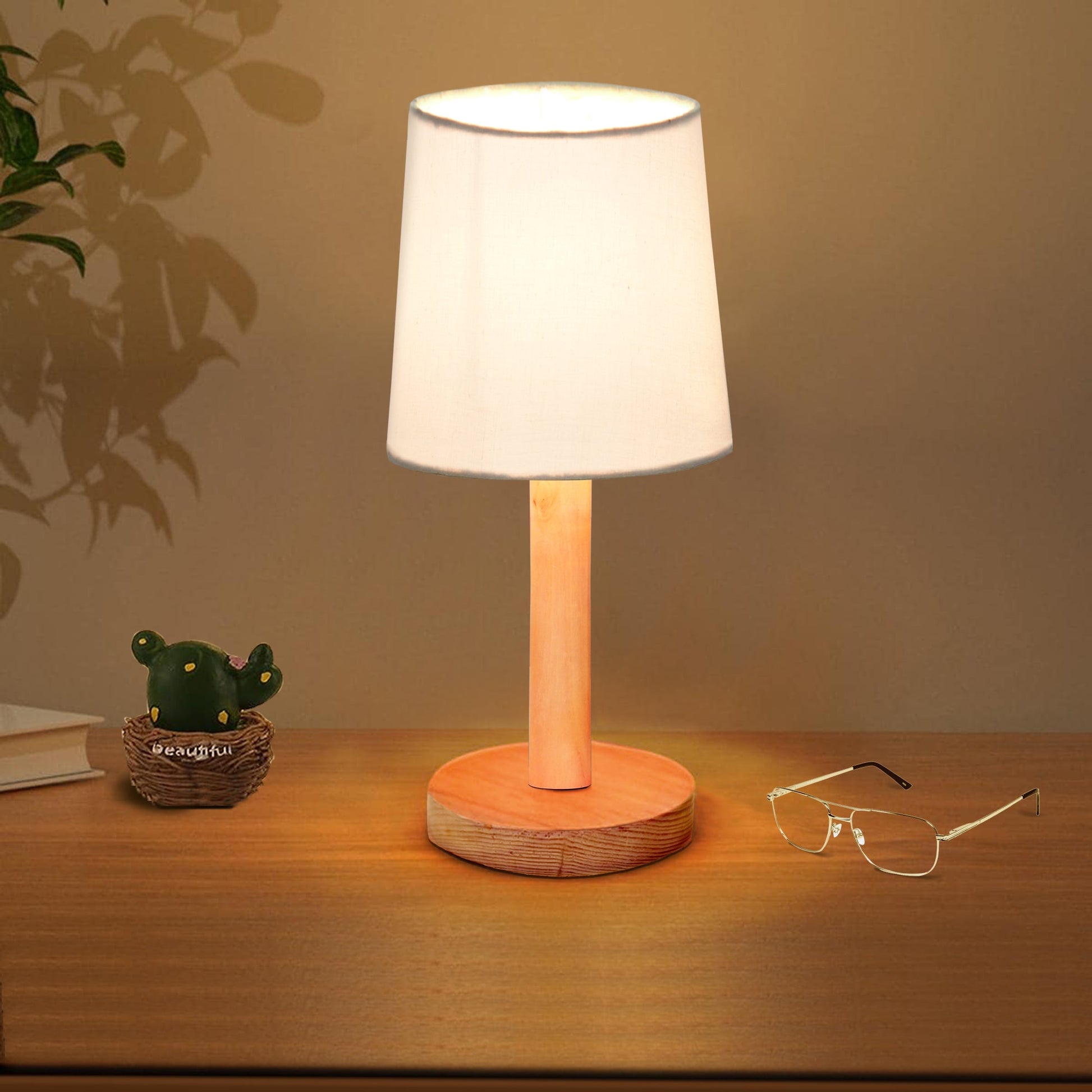 Pinewood Table Lamps for Nightstand, Fabric Linen Lampshade Desk Lamp, Morden Minimalist Bedside Lamps, Bedroom Nightstand Lamp Living Room,Kids Room