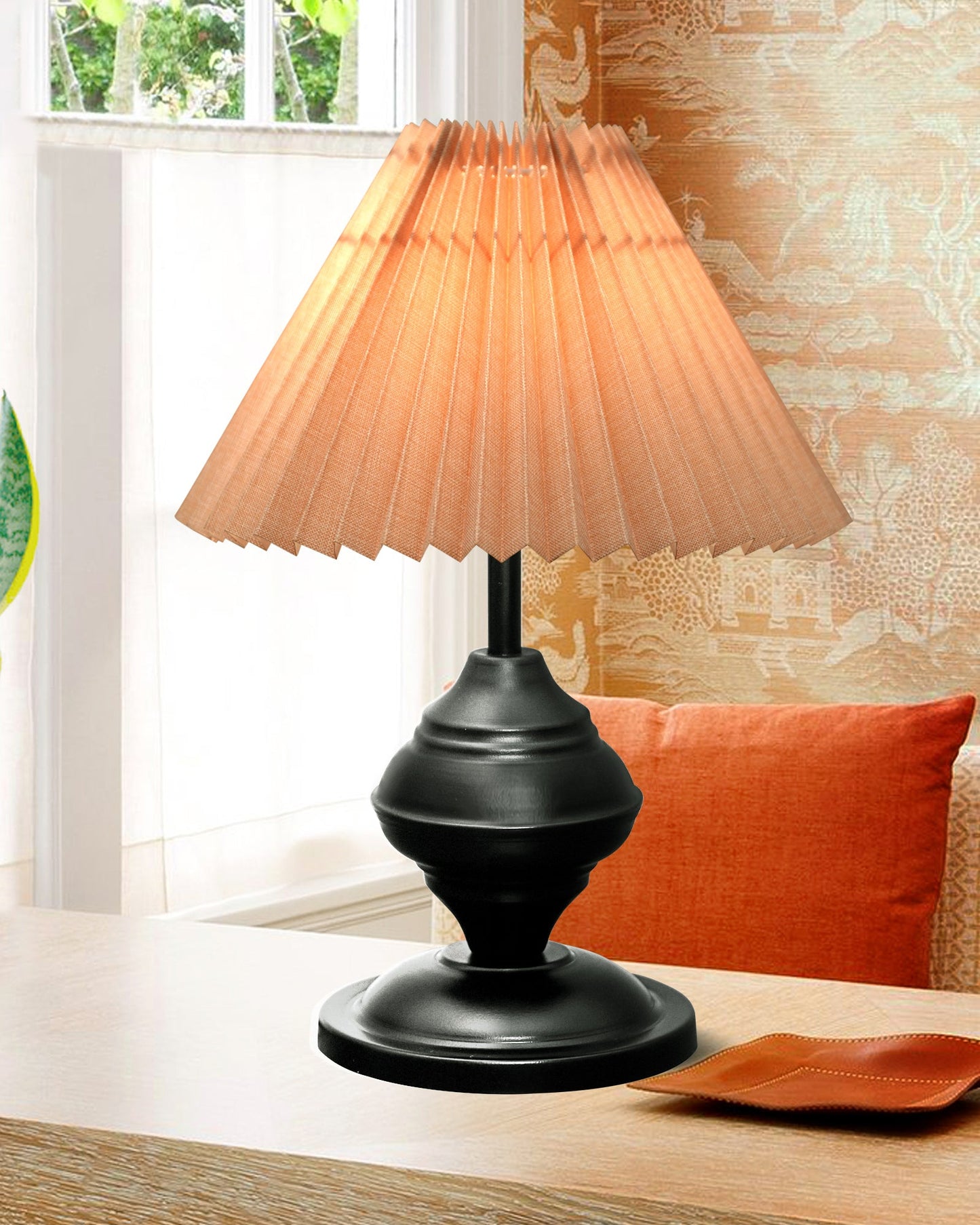 Bedside Black Metal Table Lamp with Fabric Shade, E27 holder, Urn, Pleated Shade