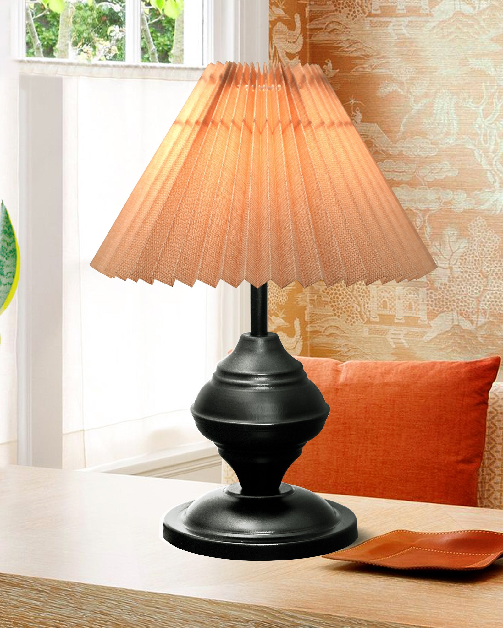 Bedside Black Metal Table Lamp with Fabric Shade, E27 holder, Urn, Pleated Shade