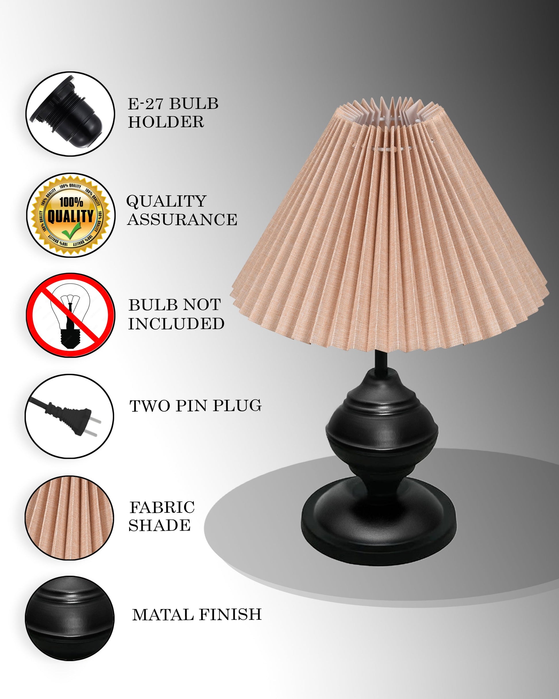 Bedside Black Metal Table Lamp with Fabric Shade, E27 holder, Urn, Pleated Shade