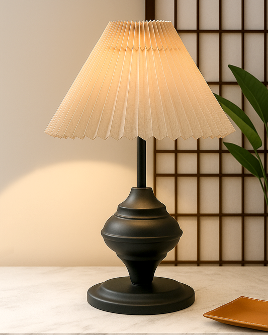 Bedside Black Metal Table Lamp with Fabric Shade, E27 holder, Urn, Pleated Jute Shade