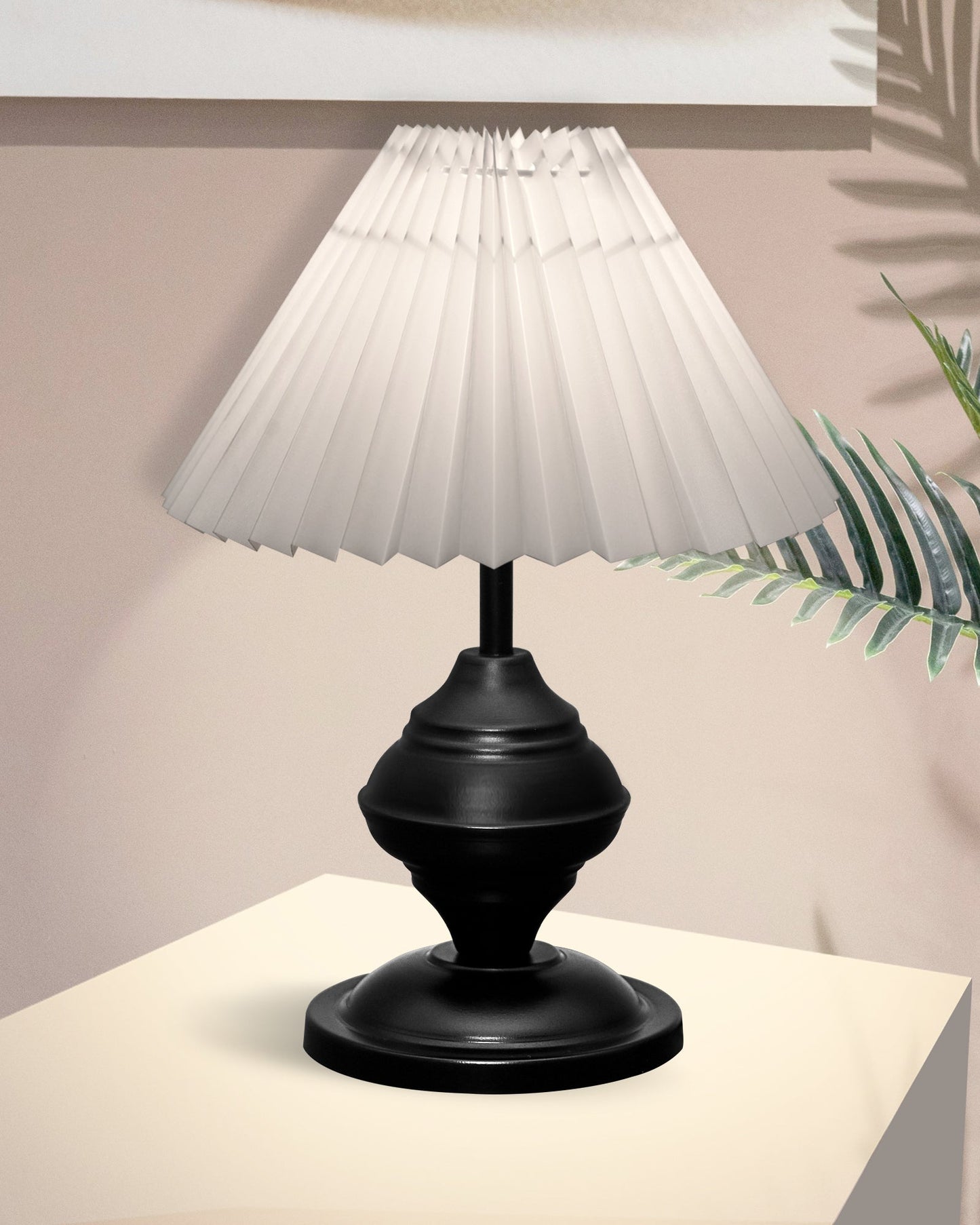 Bedside Black Metal Table Lamp with Fabric Shade, E27 holder, Urn, Pleated Shade