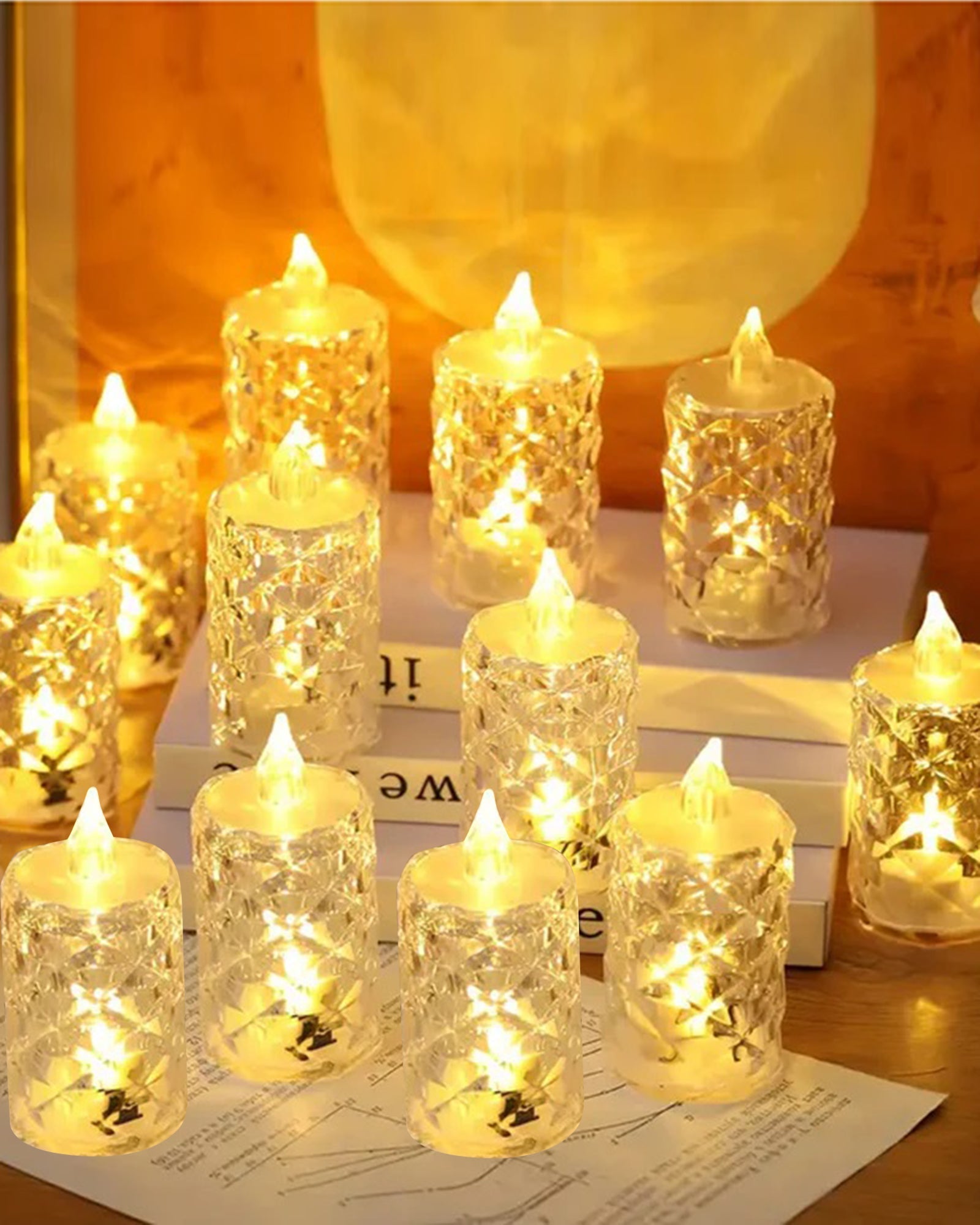 Flameless Crystal Candle, Diamond-Shape Candle, 6 Pieces Tea Lights, Warm White, for Weddings, Tables, Diwali, Christmas (1.5" 3.1")