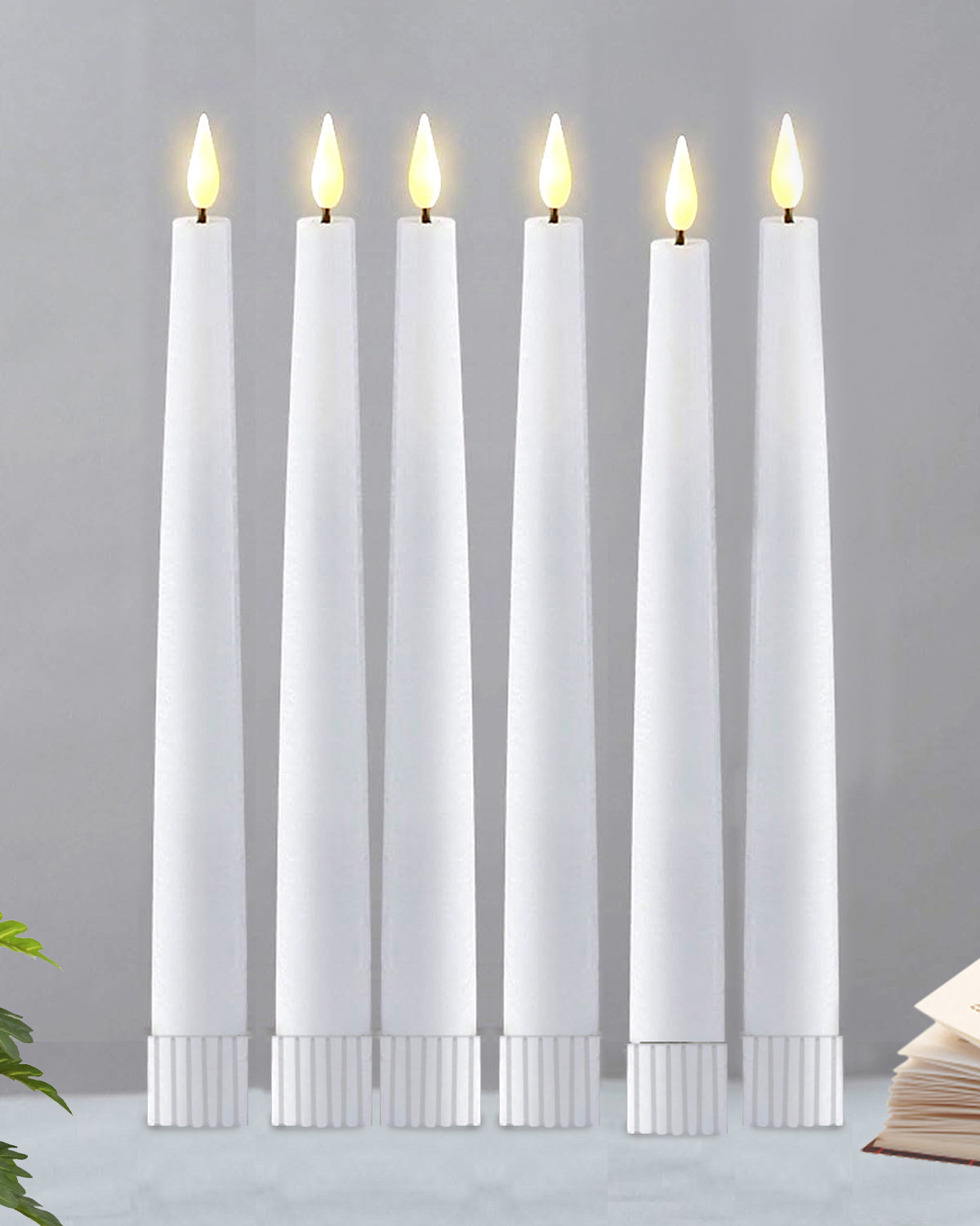 Flameless Taper Candles - 11" Flickering LED Candlesticks, Electric Candles for Home Diwali Wedding Parties Holiday Decor, White, set of 2 & 6