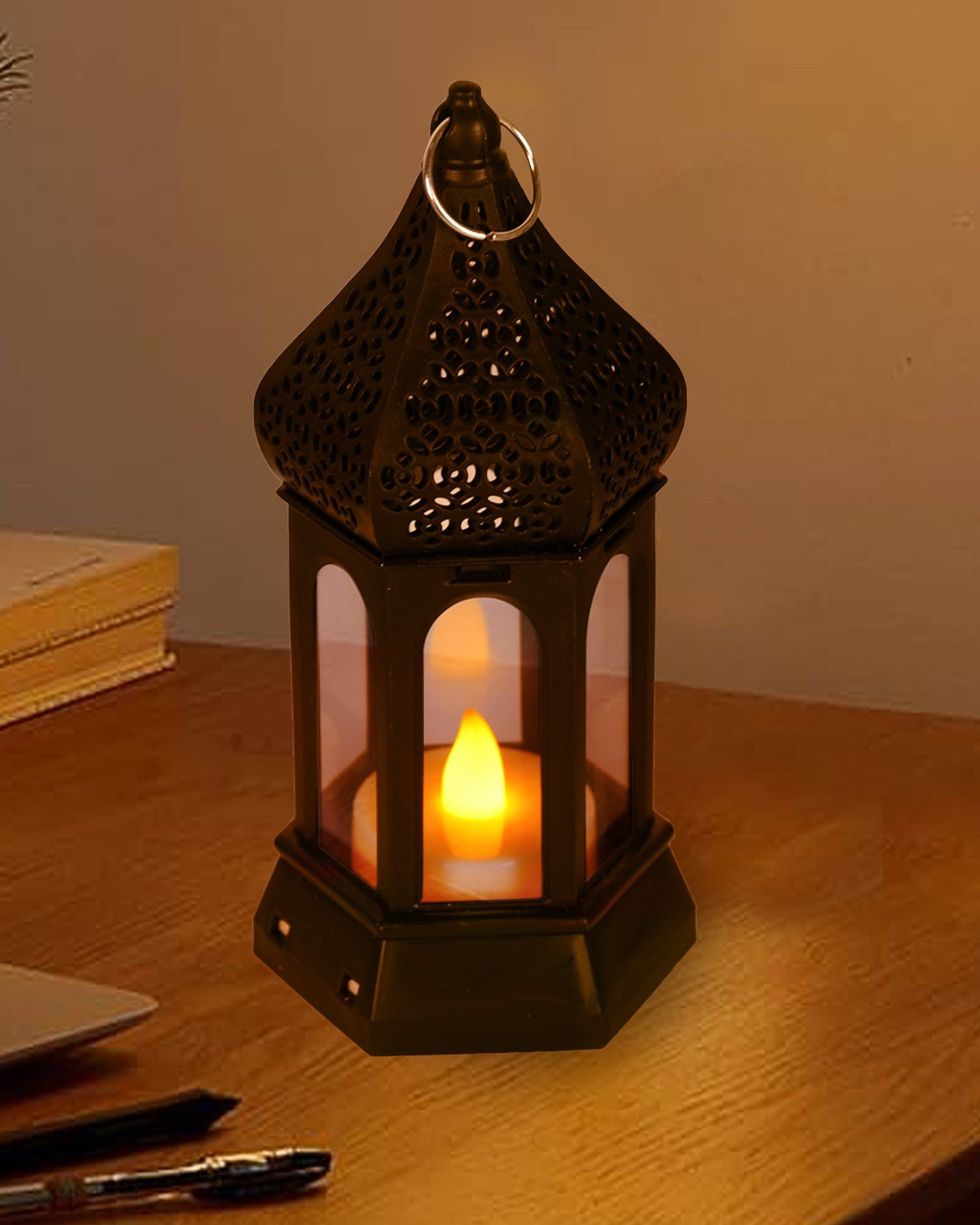 2 pcs Flameless and Smokeless Acrylic Antique LED Lantern Hurricane Lamp and Wall Hanging Led Candle Light for Home,Living Room for Diwali Decorations, T-Light lantern, Black