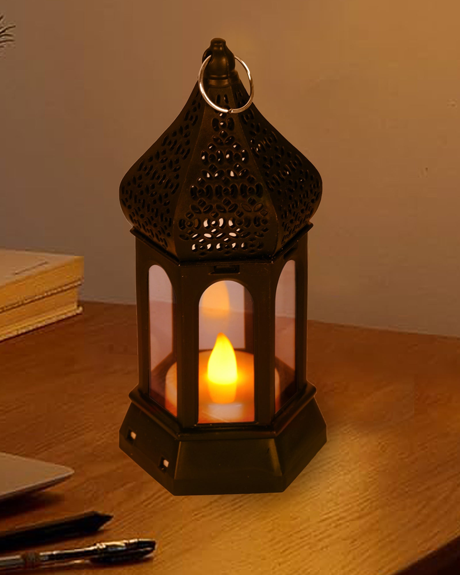 2 pcs Flameless and Smokeless Acrylic Antique LED Lantern Hurricane Lamp and Wall Hanging Led Candle Light for Home,Living Room for Diwali Decorations, T-Light lantern, Black