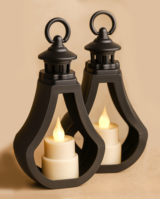 2 pcs Flameless and Smokeless Acrylic Antique LED Lantern Hurricane Lamp and Wall Hanging Led Candle Light for Home,Living Room for Diwali Decorations, Drop lantern, Black