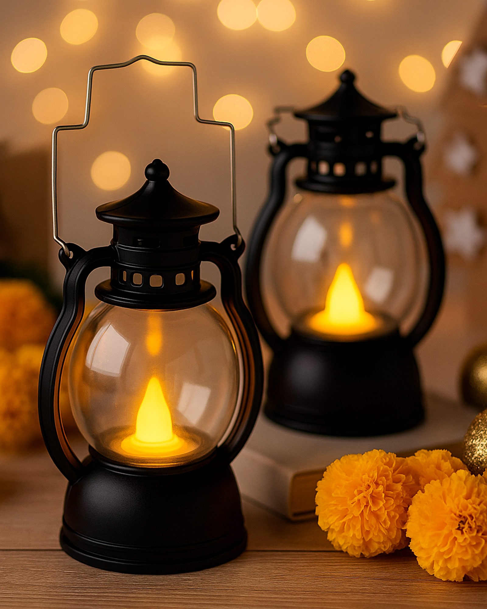 2 pcs Flameless and Smokeless Acrylic Antique LED Lantern Hurricane Lamp and Wall Hanging Led Candle Light for Home,Living Room for Diwali Decorations, Oil lantern, Black & White
