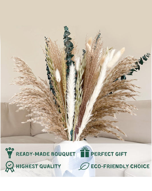 Mixed Dried Pampas Natural Grass Decor DIY Boho Natural Dried Flowers Eucalyptus Decor Dry Dried Plants Bouquet for Vase Home Floral Arrangements Decorations for Home Wedding 50, 70 & 100, Pcs