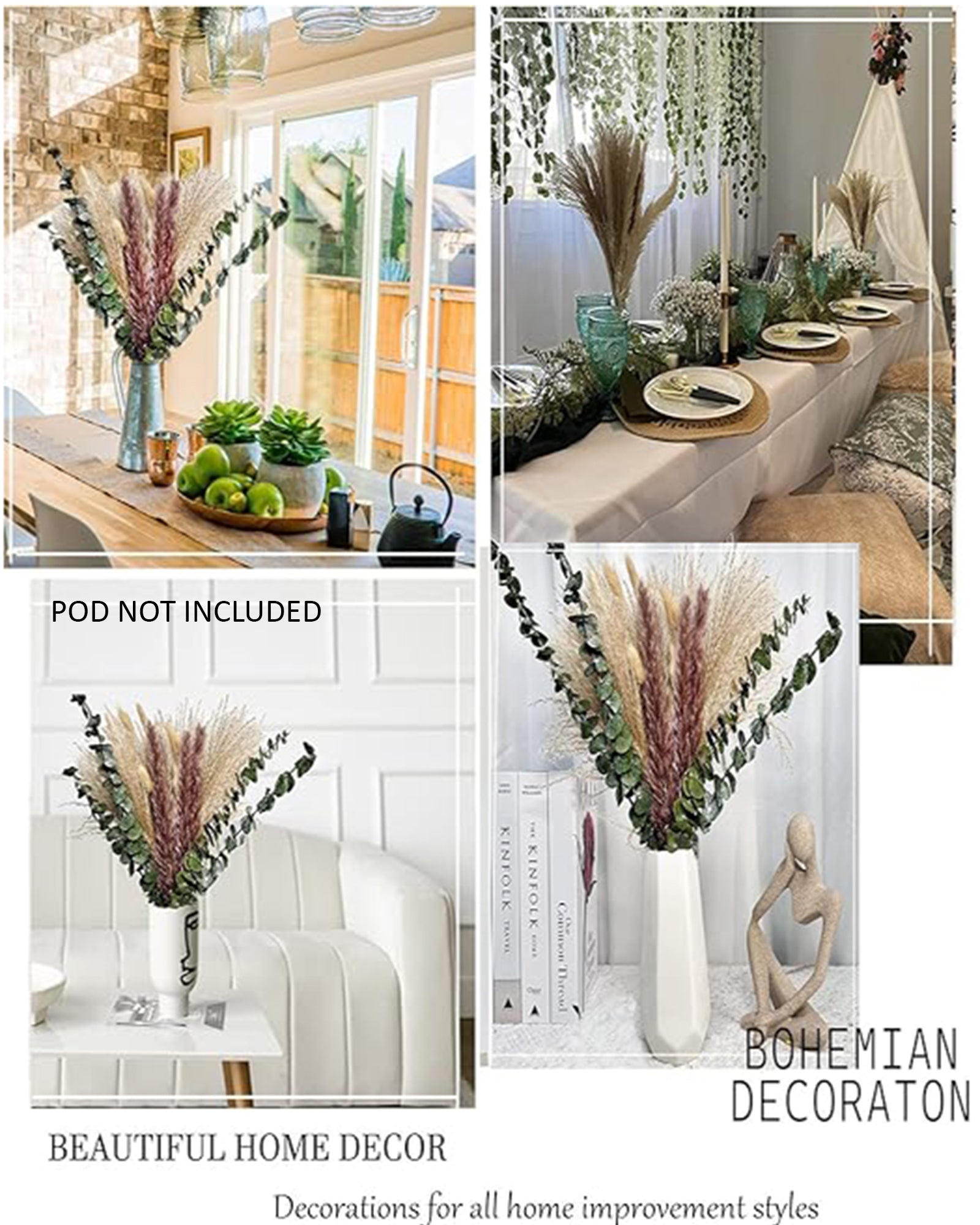 Mixed Dried Pampas Natural Grass Decor DIY Boho Natural Dried Flowers Eucalyptus Decor Dry Dried Plants Bouquet for Vase Home Floral Arrangements Decorations for Home Wedding 50, 70 & 100, Pcs