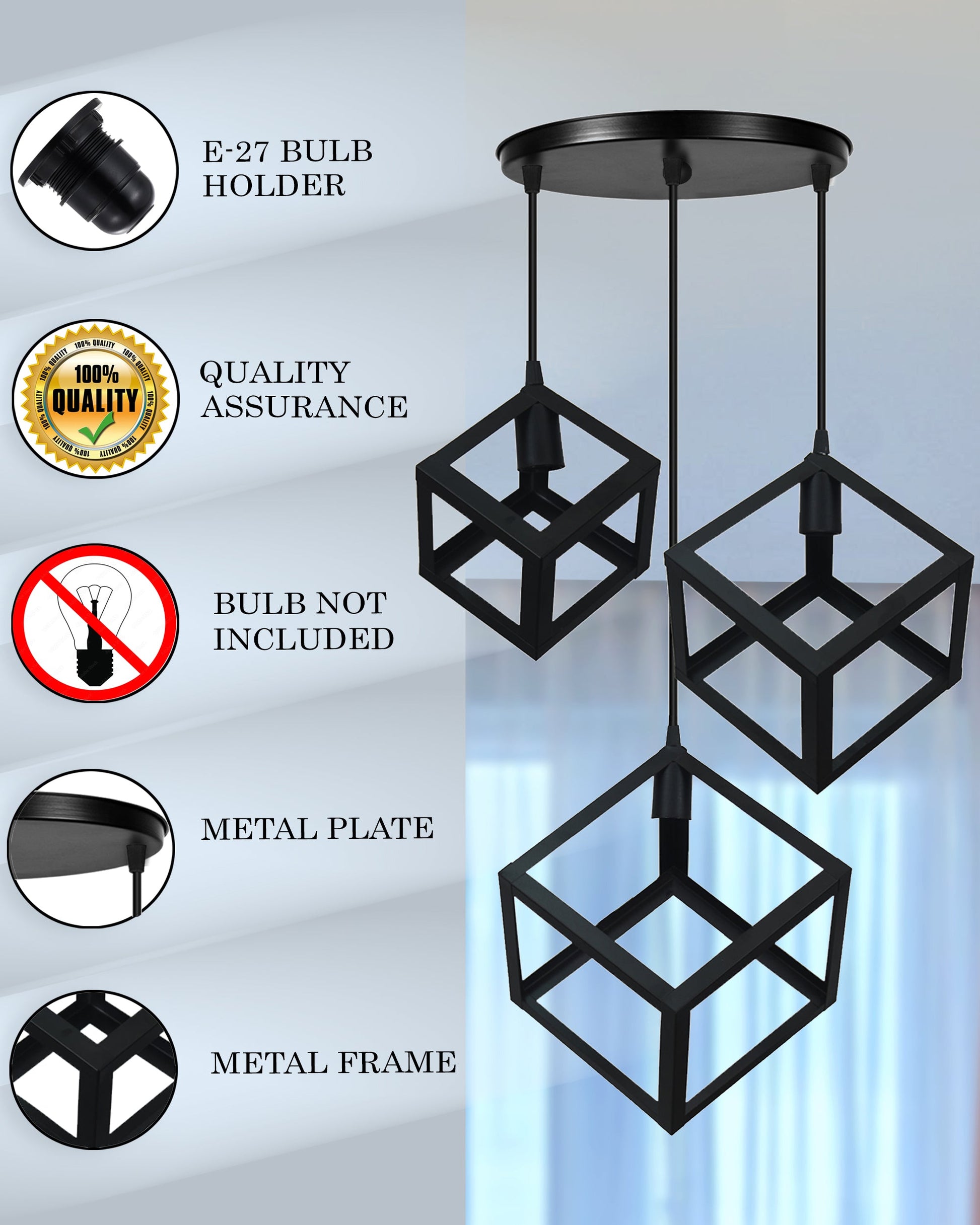3-Light Cluster Pendant Lights Stairwell Lighting Small Chandelier Matt Black Modern Chandelier Light Fixture Foyer Chandeliers Entryway High Ceiling Staircase Lights, Poly-cube