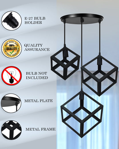3-Light Cluster Pendant Lights Stairwell Lighting Small Chandelier Matt Black Modern Chandelier Light Fixture Foyer Chandeliers Entryway High Ceiling Staircase Lights, Poly-cube