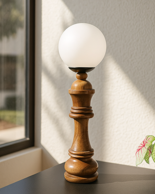 Chess Decorative Bedside Table Desk Lamp White Frost Shade for Décor, Accent Light, Gameroom, Kids', Living Room, Bedroom, Handmade Wooden, Pawn Horse Bishop Rook Queen  King
