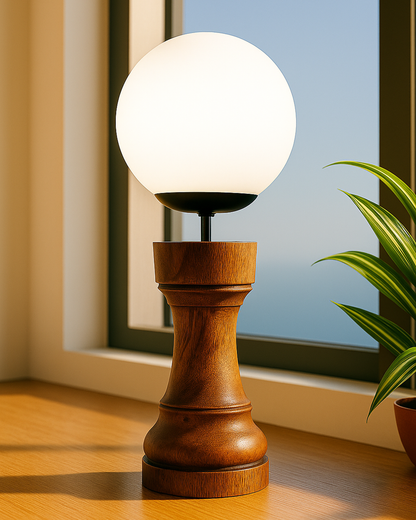 Chess Decorative Bedside Table Desk Lamp White Frost Shade for Décor, Accent Light, Gameroom, Kids', Living Room, Bedroom, Handmade Wooden, Pawn Horse Bishop Rook Queen  King