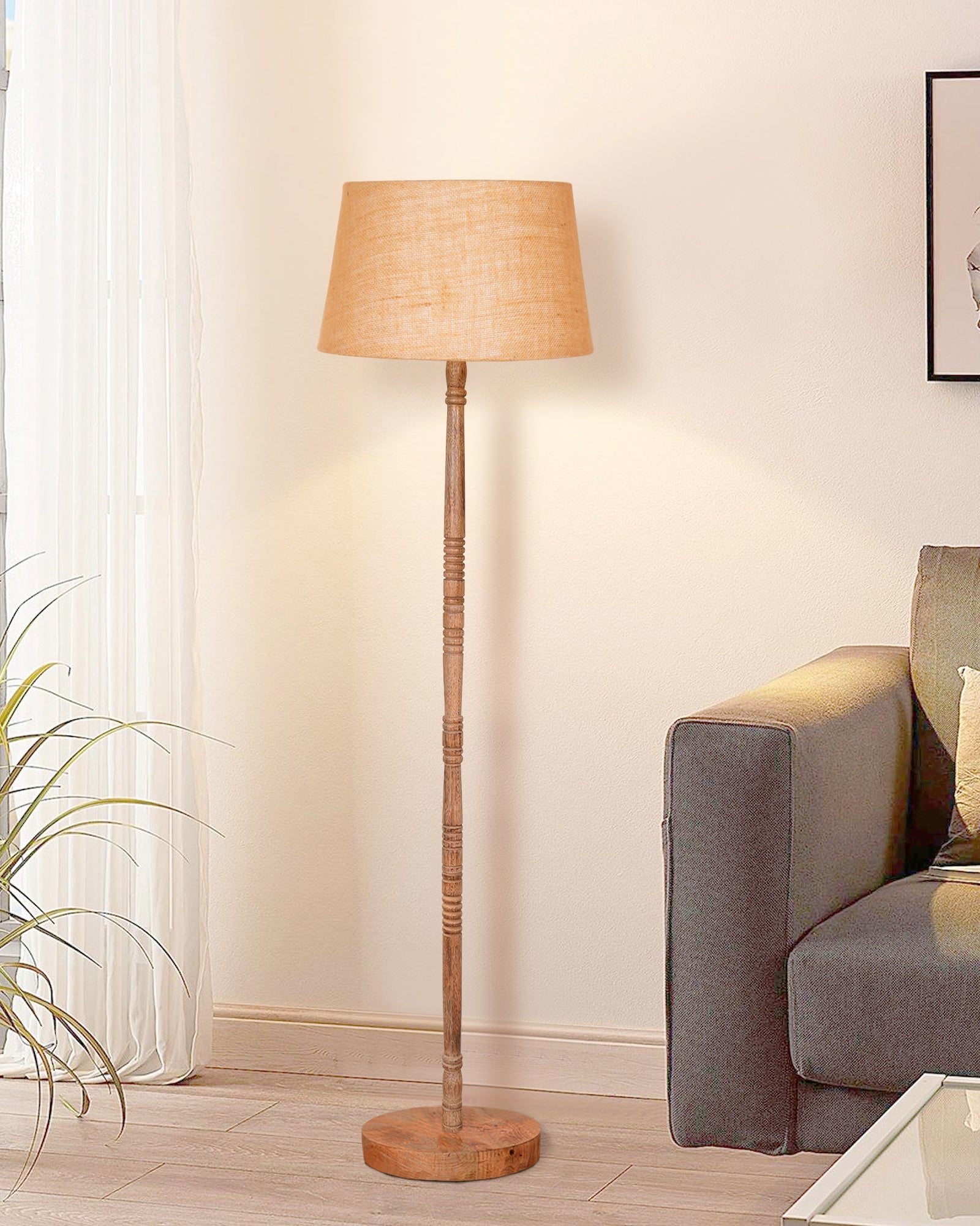 Mid Century Modern Floor Lamp,Hand turned Floor Lamp Wood for Living Room,Stand Lamp with Fabric Lampshade for Bedroom, Study Room and Office, Jute