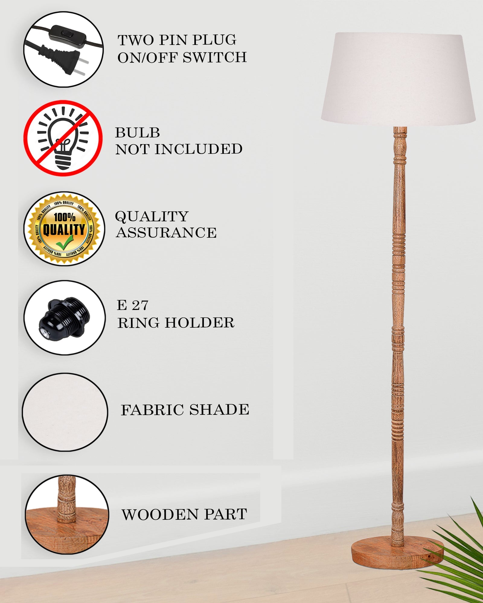 Mid Century Modern Floor Lamp,Hand turned Floor Lamp Wood for Living Room,Stand Lamp with Fabric Lampshade for Bedroom, Study Room and Office, Jute