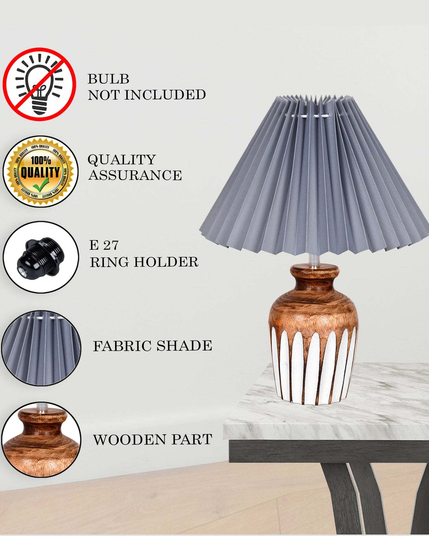 Small Cute Bedside Lamp with Linen Beige Lampshade, Nightstand Lamp for Nursery, Bedroom, Kid Room, Living Room, Light Brown Wooden Base, E27, Ribbed Urn, Pleated Jute