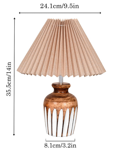 Small Cute Bedside Lamp with Linen Beige Lampshade, Nightstand Lamp for Nursery, Bedroom, Kid Room, Living Room, Light Brown Wooden Base, E27, Ribbed Urn, Pleated Jute