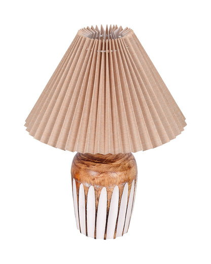 Small Cute Bedside Lamp with Linen Beige Lampshade, Nightstand Lamp for Nursery, Bedroom, Kid Room, Living Room, Light Brown Wooden Base, E27, Ribbed Urn, Pleated Jute