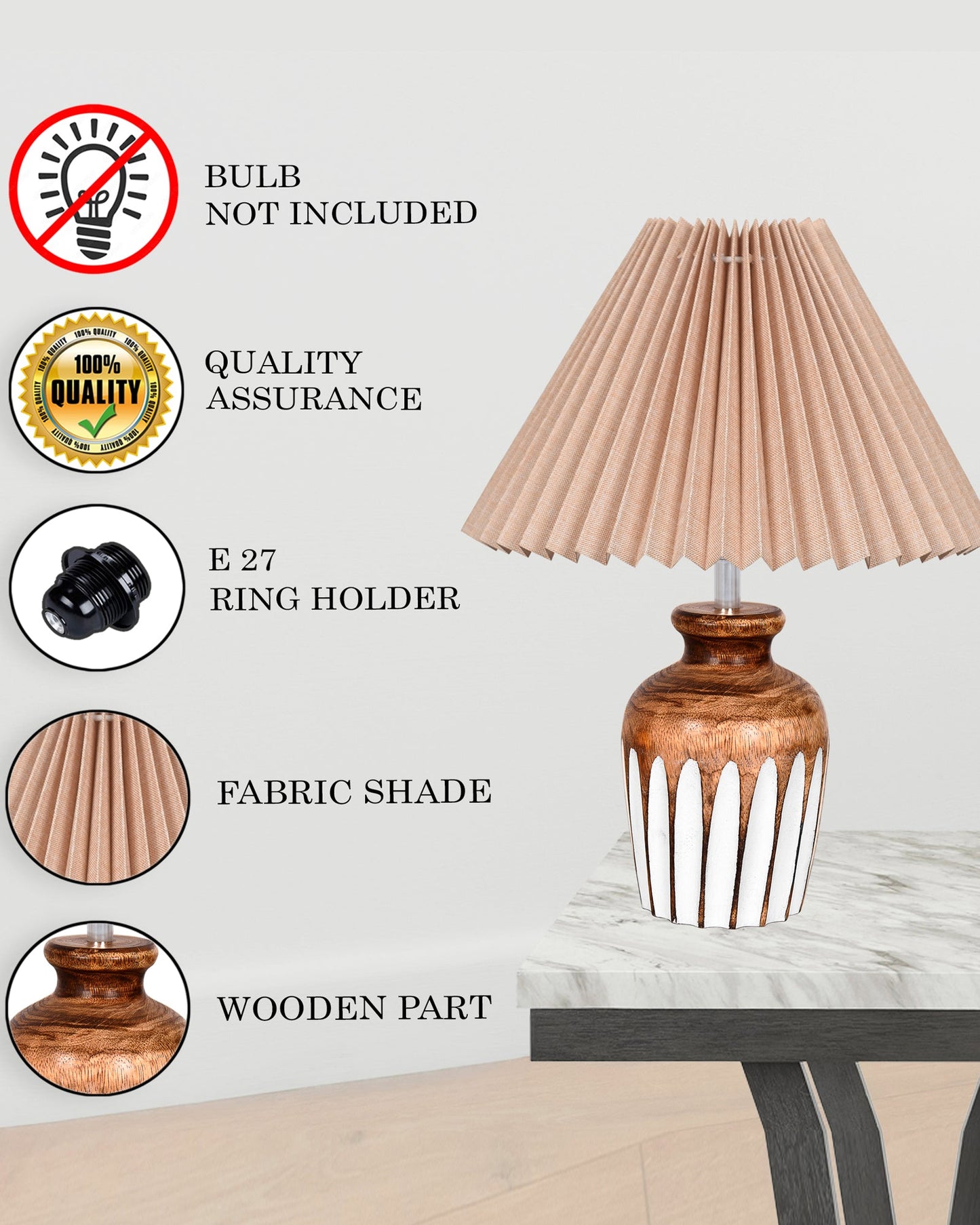 Small Cute Bedside Lamp with Linen Beige Lampshade, Nightstand Lamp for Nursery, Bedroom, Kid Room, Living Room, Light Brown Wooden Base, E27, Ribbed Urn, Pleated Jute