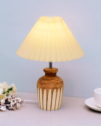 Small Cute Bedside Lamp with Linen Beige Lampshade, Nightstand Lamp for Nursery, Bedroom, Kid Room, Living Room, Light Brown Wooden Base, E27, Ribbed Urn, Pleated Jute