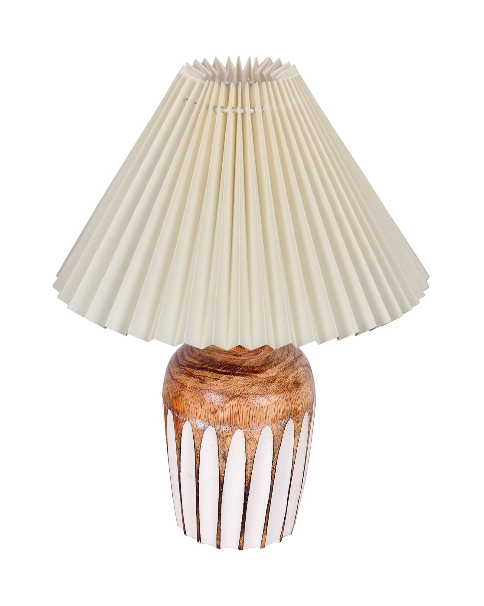 Small Cute Bedside Lamp with Linen Beige Lampshade, Nightstand Lamp for Nursery, Bedroom, Kid Room, Living Room, Light Brown Wooden Base, E27, Ribbed Urn, Pleated Jute