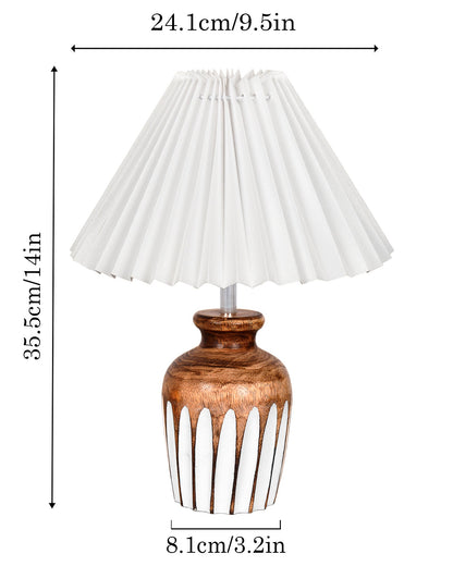 Small Cute Bedside Lamp with Linen Beige Lampshade, Nightstand Lamp for Nursery, Bedroom, Kid Room, Living Room, Light Brown Wooden Base, E27, Ribbed Urn, Pleated Jute