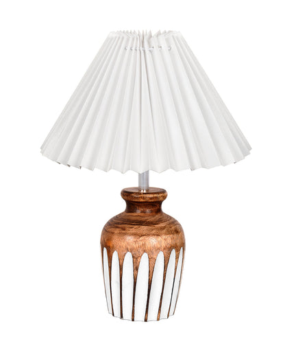 Small Cute Bedside Lamp with Linen Beige Lampshade, Nightstand Lamp for Nursery, Bedroom, Kid Room, Living Room, Light Brown Wooden Base, E27, Ribbed Urn, Pleated Jute