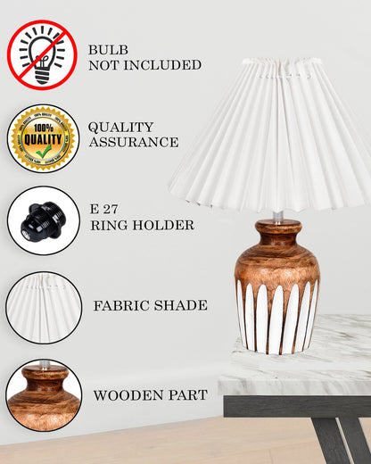 Small Cute Bedside Lamp with Linen Beige Lampshade, Nightstand Lamp for Nursery, Bedroom, Kid Room, Living Room, Light Brown Wooden Base, E27, Ribbed Urn, Pleated Jute