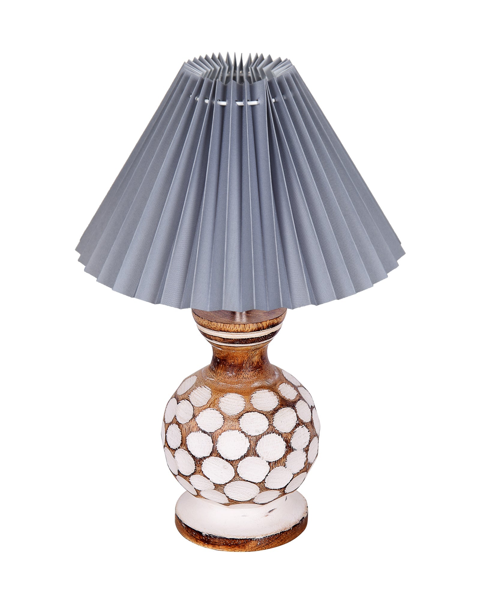Small Cute Bedside Lamp with Linen Beige Lampshade, Nightstand Lamp for Nursery, Bedroom, Kid Room, Living Room, Light Brown Wooden Base, E27, Carved Ball, Pleated Jute
