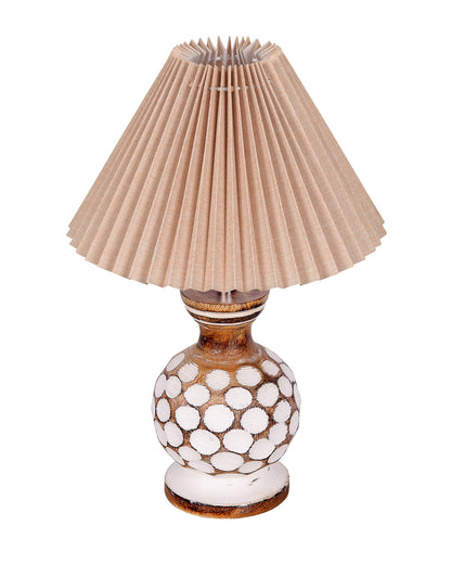 Small Cute Bedside Lamp with Linen Beige Lampshade, Nightstand Lamp for Nursery, Bedroom, Kid Room, Living Room, Light Brown Wooden Base, E27, Carved Ball, Pleated Jute