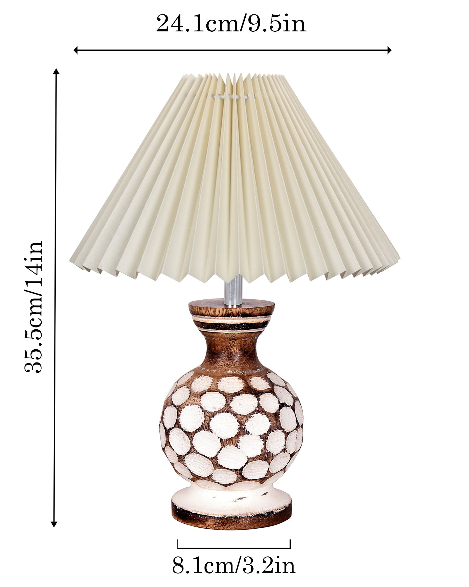 Small Cute Bedside Lamp with Linen Beige Lampshade, Nightstand Lamp for Nursery, Bedroom, Kid Room, Living Room, Light Brown Wooden Base, E27, Carved Ball, Pleated Jute
