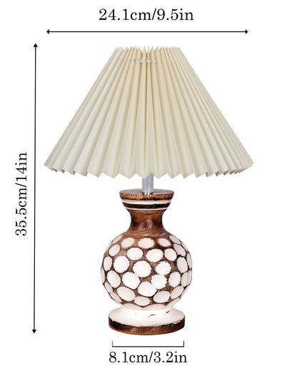 Small Cute Bedside Lamp with Linen Beige Lampshade, Nightstand Lamp for Nursery, Bedroom, Kid Room, Living Room, Light Brown Wooden Base, E27, Carved Ball, Pleated Jute