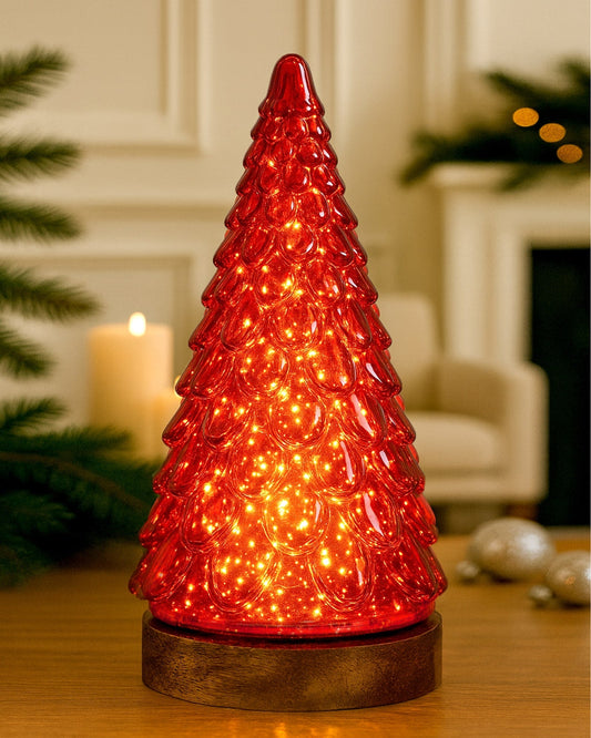 Mercury Glass Christmas Tree Xmas Trees Decorations Table Lamp Centerpiece Mantel Window Home Decor Bathroom Party Gift, Wooden Base Light,