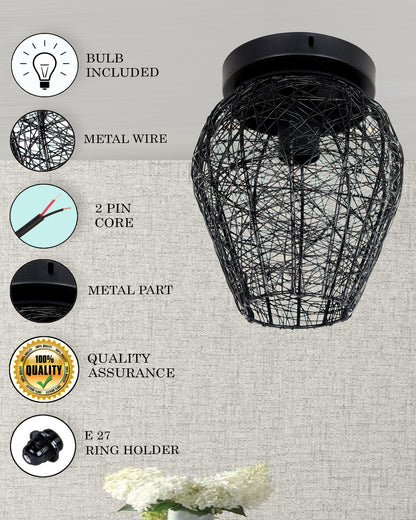 Modern Farmhouse Semi Flush Mount Ceiling Light Black Hallway Light Fixture Ceiling Hung, Antique Golden, Black Cone Shade