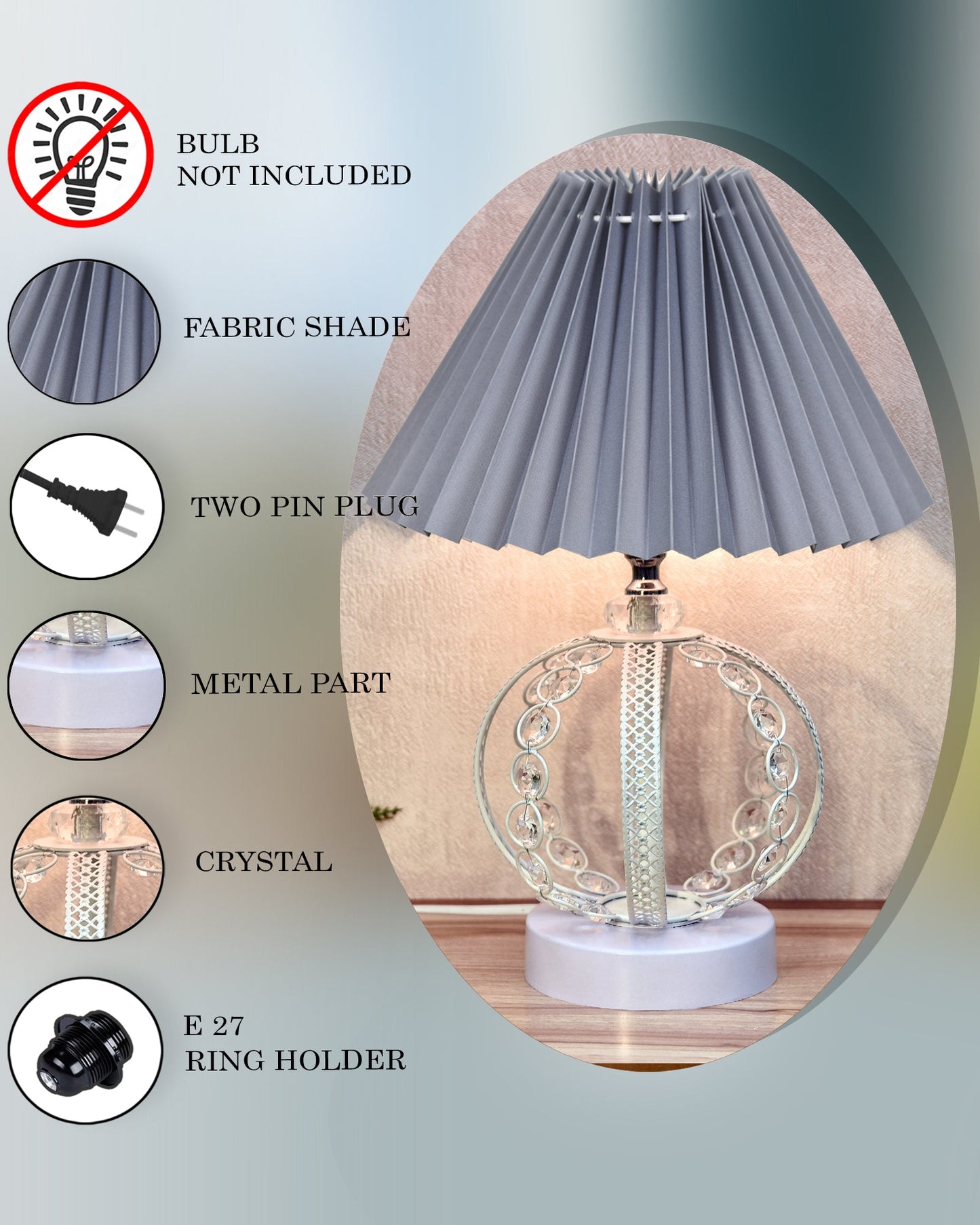 Modern Round Small Crystal Table Lamp,Contemporary Bedroom Bedside Nightstand Lamp,Desk Globe Lamp for Living Room Girls Kids Room, Sphere, Grey Pleated