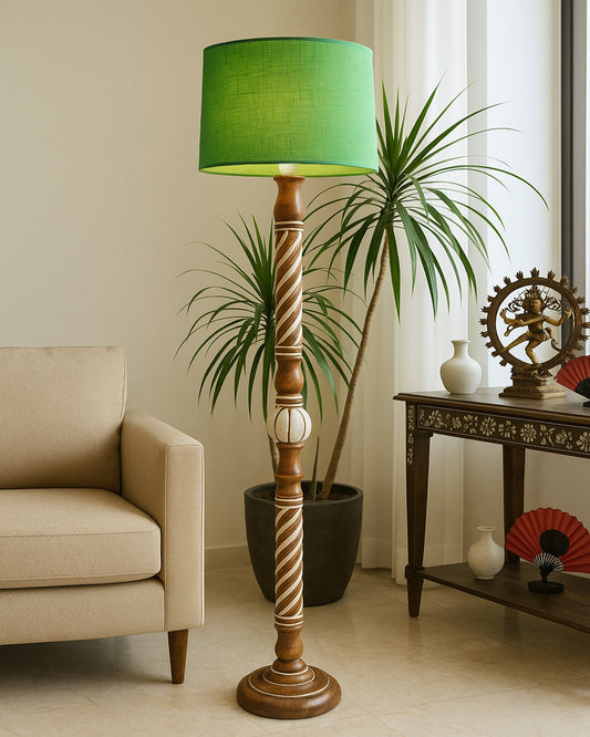 Rustic Wood Floor Lamp in Walnut Brown with Multicolor Fabric Lamp Shade | Light Decoration for Home Corner | Living Room & Bedroom Bedside Floor Lamp, Antique Floor Light, Twisted Ropes, Bird
